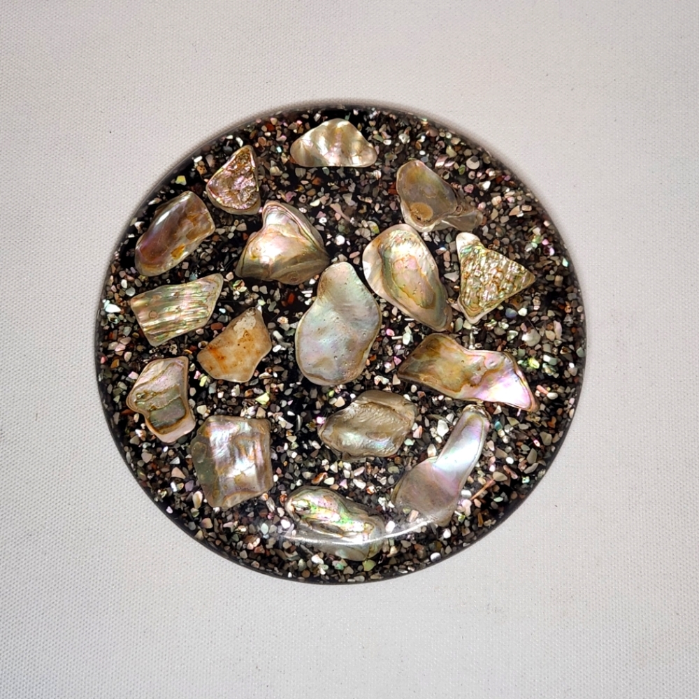 Vintage Abalone Resin Shell Lucite Trivet Hot Plate Round MCM Footed Mid Century